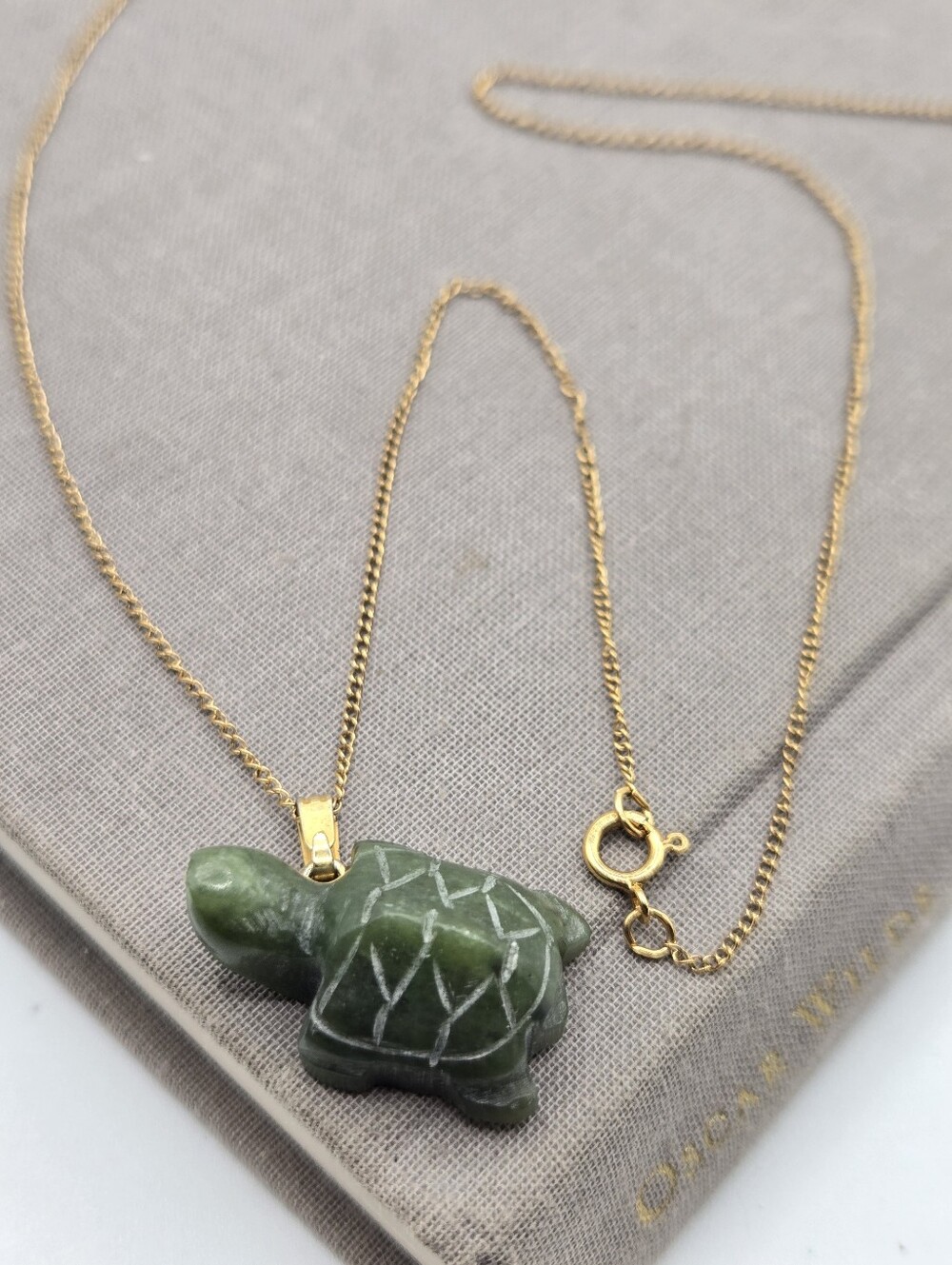Gold Dainty Chain Jade Turtle Necklace Pendant Gold Plated Brass 20" Gold Fill